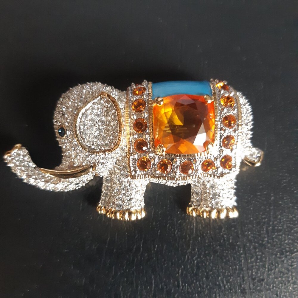 Elephant Rhinestone Bejeweled Gold Toned Brooch
